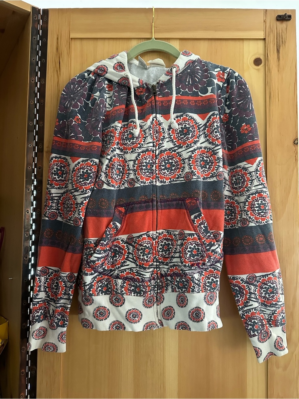 Womens Zip-Front Hoodie in Orange and Navy Floral Stripe